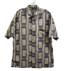 Tori Richard 100% Cotton Tan & Blue Hawaiian Button Front Shirt Size L 4824-0738